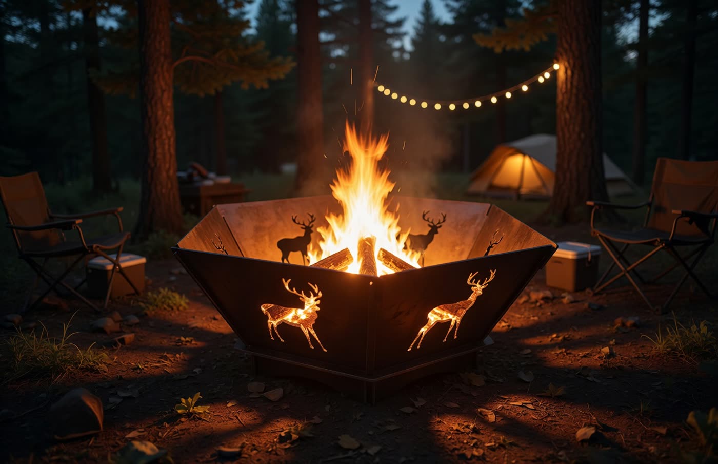 Pre-built steel fire pit with flame and deer cutout panels